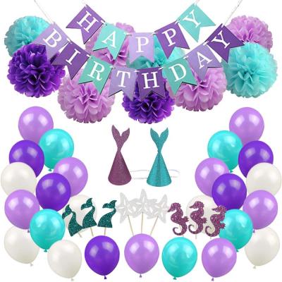 China Disposable Girls Themed Eco-Friendly Happy Birthday Cake Topper and Balloon Mermaid Party Decoration Set for sale