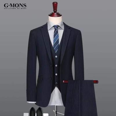 China Polyester/Rayon Suit Men's Suit Stripe Groom's Wedding Dress Spring Suit Slim Navy And Fall Three Piece Suit for sale