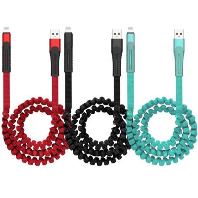 China Newest and Unique Spring Design Flat Data USB Charging Cord for iPhone Charger Cable with Reinforced Braid Aluminum Alloy Material Joins USB Cable for sale