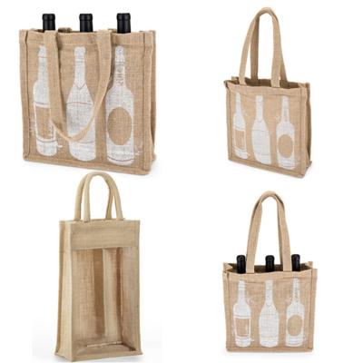 China Custom Handled Logo Jute Gift Bag Burlap Printed Reusable Jute Tote Bag Bottle Small Jute Wine Shopping Bag for sale