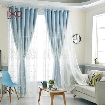 China Unique floral european style design double layer blackout blackout embroidery new arrival high shading blue block curtain set for sale