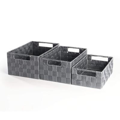 China Kitchen Set of 3 Plastic Nylon Belt Woven Storage Baskets Insert Handle Design or Storage Nylon Basket for sale