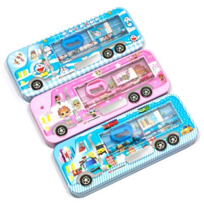 China Schools & Spiderman Doraemon Student Stationery Box Kids Double-Layer Desktops Frozen Multifunctional Pencil Case for sale