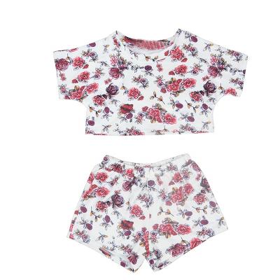 China Girl Summer Casual Outfit Fashion Clothing Set Flower Printed Top Crop Baby Kids Lounge Set for sale