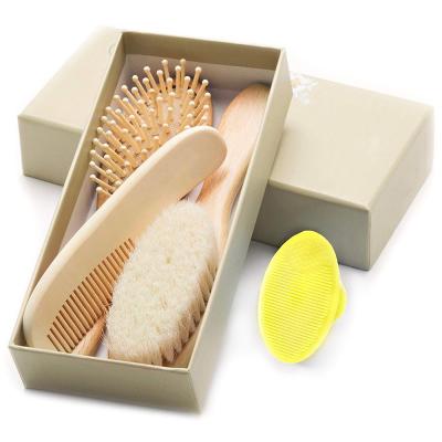 China Nondisposable 3 in 1 Custom Eco-Friendly Natural Logo Goat Bristle Baby Hair Reading Brush Baby Wooden Hair Brush for sale