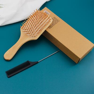 China Wholesale OEM ODM Custom Logo Nondisposable Eco Hair Brush Natural 100% Biodegradable Bamboo Hairbrush And Plastic Tail Comb Set for sale