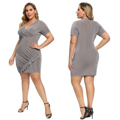 China Gray Color Fashion Dress Wholesale Summer Viable Clothing Sexy Casual V-Neck Ruffle Buttocks Plus Size Women's Dresses for sale