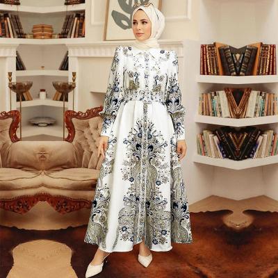 China New Fashion Indonesia Indian Anti-wrinkle Islam Vintage Print Elegant Shirt Collar Puff Sleeve Long Muslim Dress for sale