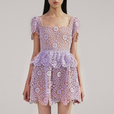 China OEM/ODM macrame casual dresses women summer clothing short lace dress elegant pure purple cute sexy high quality anti-static color for sale