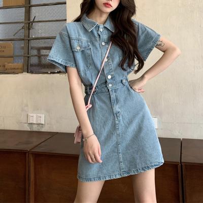 China Korean wholesale anti-static lapel casual collar dress denim women style clothing solid color simple elegant jeans dress for sale