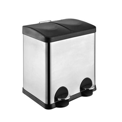 China Sustainable 2 Compartment Stainless Steel Soft Close Lid Pedal Operated For Recycling Waste Rubbish Bin for sale