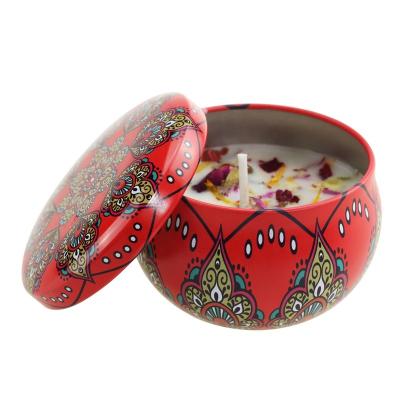 China Hot Selling Luxury Birthdays 100 Pieces Handmade Dry Flower Tin Candle With Lid Small Scented Soy Wax Candle for sale