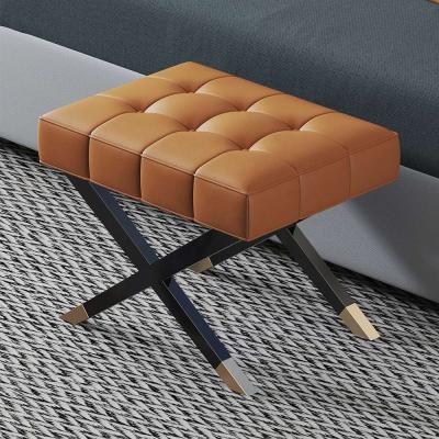 China Modular Luxury Modern Design Gray Orange Ottoman Bench Gold Custom Leather Foot Stool Bench Living Room Bedroom Furniture for sale