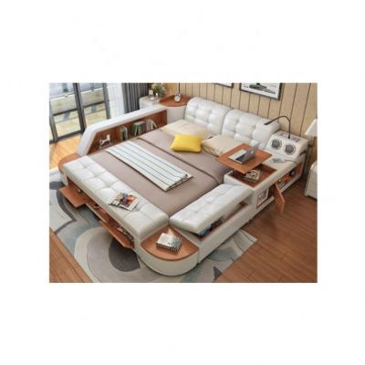 China Customizable Leather Bed With Massage Function White Leather King Multi Function Bed Latest Designs Post Modern Genuine Leather Real Bed for sale