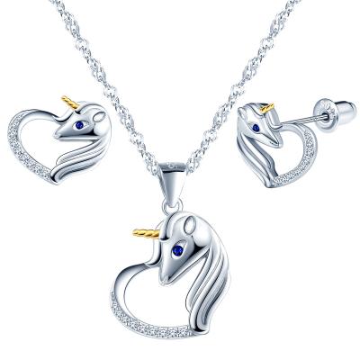 China 925 Nickel Free Silver Unicorn Jewelry Set for Kids Necklace Stud Earrings Jewelry Set for sale