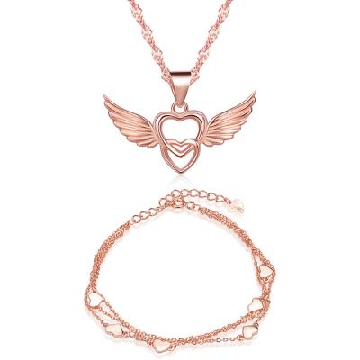 China Heart Nickel Free Jewelry Sets Pure 925 Silver Bangle Necklace Set Rose Gold for sale