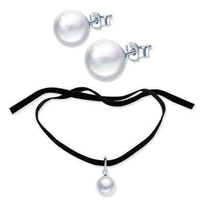 China TRENDY Pearl Stud Earrings Choker Necklace Jewelry Set 925 Silver Jewelry Sets for sale