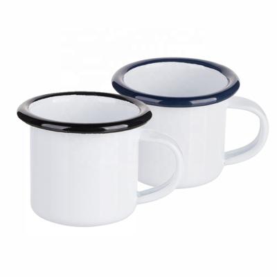 China Campfire Mugfavor / 100ml Enamel Stocked Coffee Mugs 3oz White Enamel Espresso Coffee Mug Sublimation With Black Or Blue Rim MEN3-K for sale