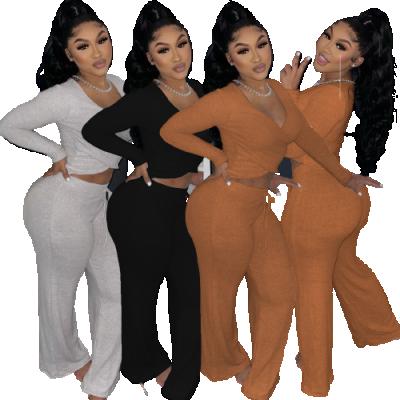 China Wholesale Breathable Women Wide Leg Two Piece Panties Sets 2 Piece Solid Color Set Women Trasuits Casual Clothing for sale