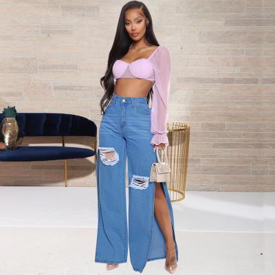 China New Style Breathable Jeans Women Blue High Waist Destroyed Loose Straight Leg Jeans for sale