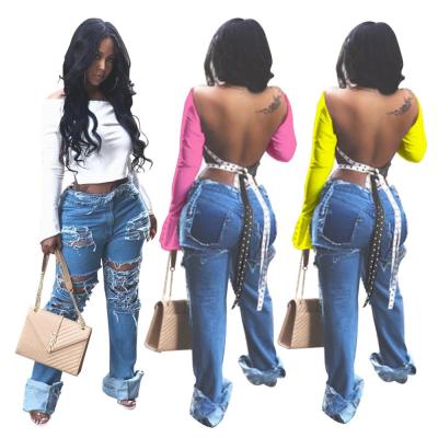 China 2021 Summer Full Sleeve Women's Bondage Blouse Shirt Solid Color Backless Crop Top QUICK DRY T-shirt Women for sale