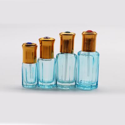 China Cosmetic Empty Round Octagonal Blue Perfume Roll On Glass Bottle 6ml Roll On Oil Bottle With Aluminum Cover for sale