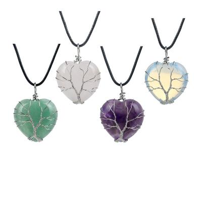 China Tree of Life Natural Tree Of Life Wire Wrapped Heart Shape Stone Pendant For Womens Wire Wrap Handmade Tree Of Life Heart Shape Necklace for sale