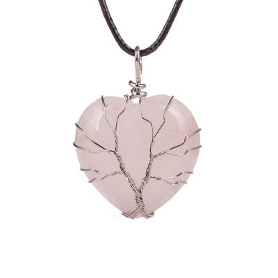 China Tree of Life Rose Quartz Healing Crystal Necklace Rose Tree Of Life Wire Wrapped Heart Shape Stone Pendant for Womens Girls for sale