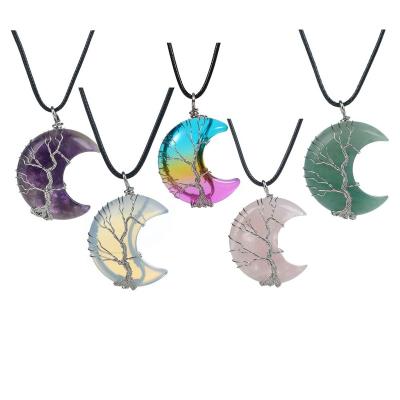 China Tree of Life Tree of Life Necklace Wire Wrap Crescent Moon Crystal Pendants Chip Natural Stone Rose Quartz Pendant Chain Necklace for sale