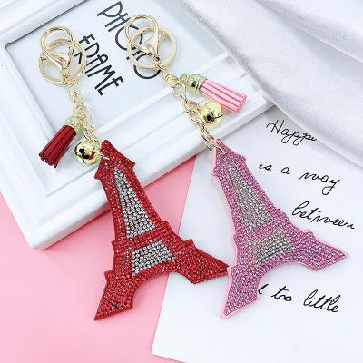 China Paris Classic Creative Korean Eiffel Tower Rhinestone Velvet Bag Tassel Car Key Chain Pendant Charm for sale