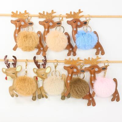 China Cute Classic Elks Gift Pendant 8CM Rex Rabbit Fur Ball Pompom Christmas Tree Chain Decoration Ornaments New Year Gift for sale