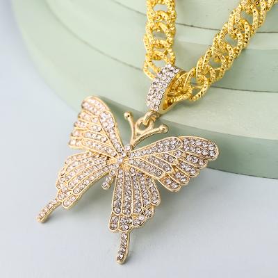 China Factory direct supply and sales fashion cool women's jewelry hip hop gold mesh chain scarf CZ paved butterfly pendant necklace for sale