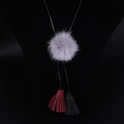 China 2018 Classic Fur Leather Ball Pom Pom PU Charm Yongze Long Rope Necklace for sale