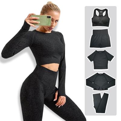 China Wholesale Custom Breathable 5 Pieces Yoga Leggings Custom Women Sets Yoga Seamless Apparel Gym Activewear Workout High Waist Yoga Leggings Sets for sale