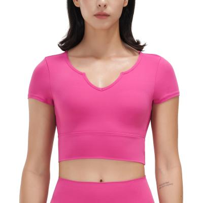 China Breathable Women's Sports Bra Fitness Top Workout Camisole Padded Crop Top With Built In Bra V-Neck Fitness Short Sleeve for sale