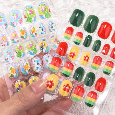 China Healthy Easy Apply Non Toxic Full Cover OEM Kids Cute Press On Nails 24 Pcs Non Toxic Fake Nails Colorful / Kids Full Cover Box Fake Nails For Kids for sale