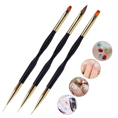 China Easy Apply Double Headed Pull Pen Gold Metal Handle Nylon Hair Gel Manicure Nail Pen Brush Set Art Flat Brush Private Label Double Sided Nail Brush for sale