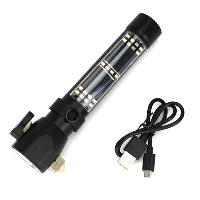 China Emergency Aluminum Flashlight Solar Led Light USB High Power Rechargeable Solar Flashlight With Buzzer for sale