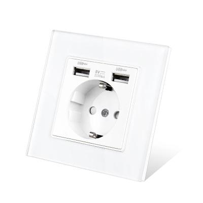 China With USB Ports EU Standard Wall Power Socket Dual USB Socket Charger AC110V-250V 16A Tempered Crystal Glass / Plastic Panel Outlet for sale