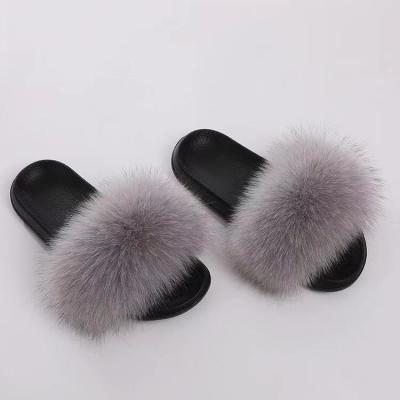 China Wholesale slippers female brown slippers 003 leather slippers wholesale logo fur fox leather and raccoon for sale