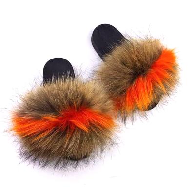 China Factory direct full hair raccoon slippers, fur slippers leather raccoon slippers 002 for sale