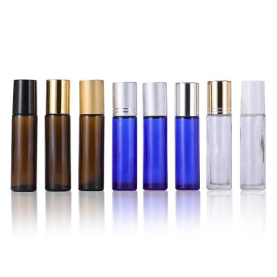 China 10ml Fancy Blue Amber Clear Cosmetic Essential Oil Cosmetics Perfume Rollon Glass Bottle Roller Ball Bottles for sale