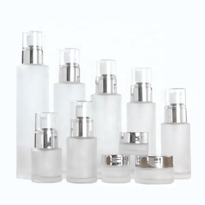 China 20ml 30ml 40ml 60ml 80ml 100ml 120ml Cosmetic Empty Cosmetic Bottle Set Pump Spray Glass Bottles Glass Frosted Jars for sale