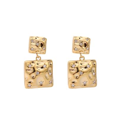 China Fashion Square Irregularly Sized  Surface Five-Pointed Star Inlaid Zircon Copper Plated Gold Earrings for sale