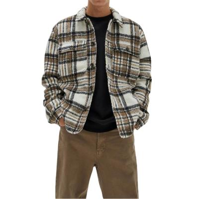 China 2022 OEM Custom Shirt Anti-Shrink Fashion Men's Long Sleeve Striped Overshirts Woolen Jacket With Two Patch Pockets for sale