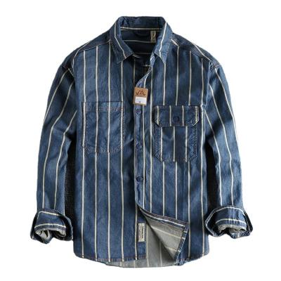 China Anti-pilling Streetwear Striped Long Sleeve Jacket Men Designer Workout Loose Turn Down Jacket Plus Size Denim Shirt for sale