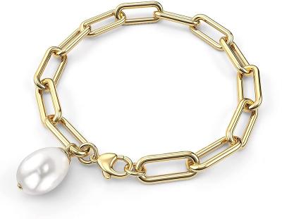 China TRENDY Chunky Paperclip Link Chain Bracelet 316L Stainless Steel 14K Gold Plated Simple Pearl Charm Wedding and Engagement Freshwater for sale