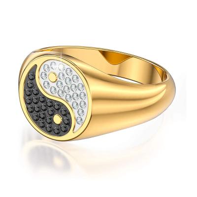 China Hiphop 3A Zircon 3A Bling Statement Jewelry 316L Stainless Steel Gold Plated Tai Chi Yin Yang Hip Hop Ring 14K PVD/IP for sale