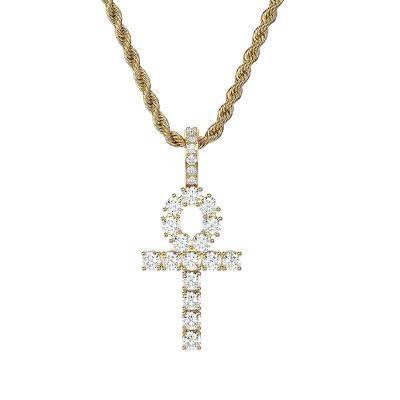 China Hiphop 14K Gold Plated 3A CZ Diamond Egyptian Third Eye Rope Necklace Chain Jewelry Hip Hop Ankh Egyptian Cross Pendant Necklace for sale