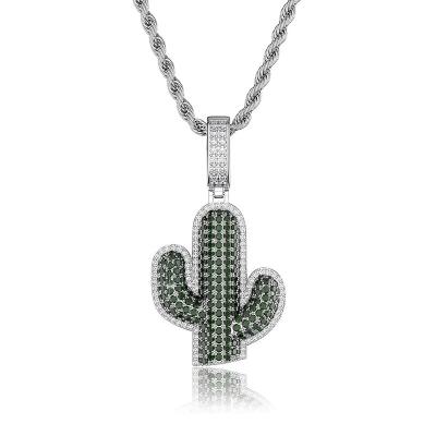 China Hiphop Stuff Friendship Jewelry Hip Hop Bling Cactus Pendant Necklace For Women 14K Bling Gold Plated Men's Mini Cactus Charm Necklace for sale